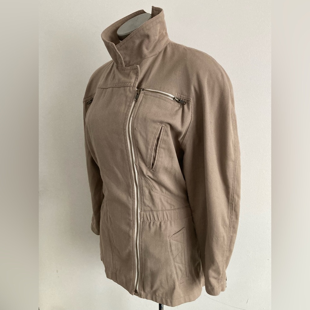 Khaki utility jacket, asymmetrical zip closure, multiple pockets, M. Oversized